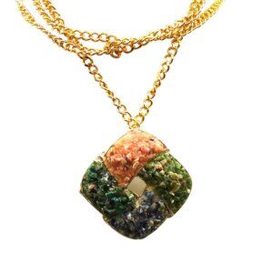 Vintage Cathe Gravel Pendant Brooch Necklace, Pink, Green and Blue on Gold Tone